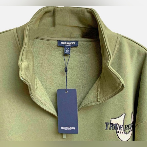 Men’s True Religion Green Relaxed Mock Quarter Zip Fleece Pullover- NWT - Picture 7 of 11